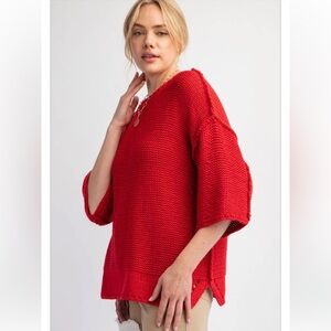 Easel Vibrant Scarlet Red Oversized Exposed Seam Round Neck Sweater